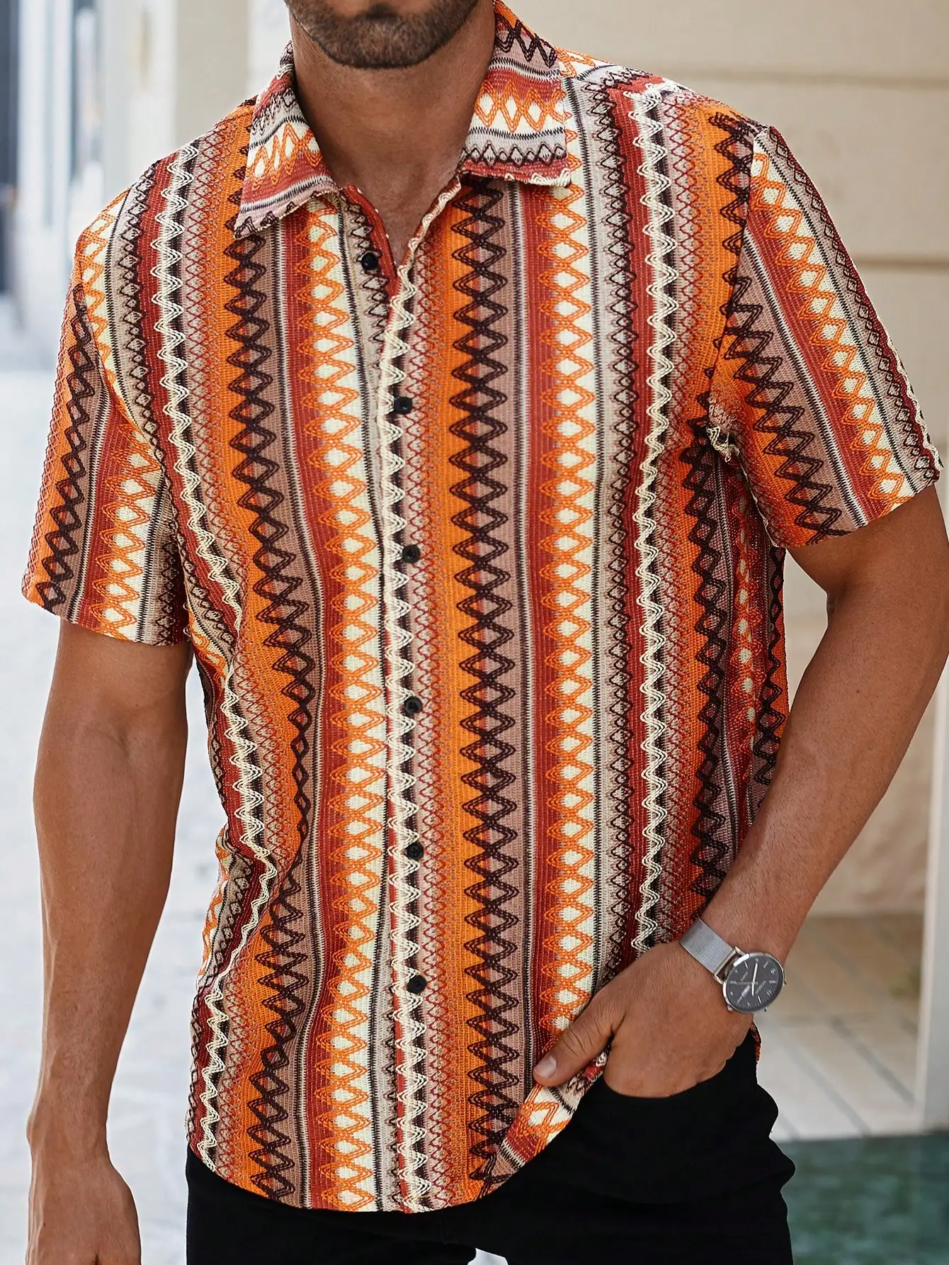 

Men's Short Sleeve Casual Shirt with Bohemian Multicolor Striped Jacquard Knit Pattern
