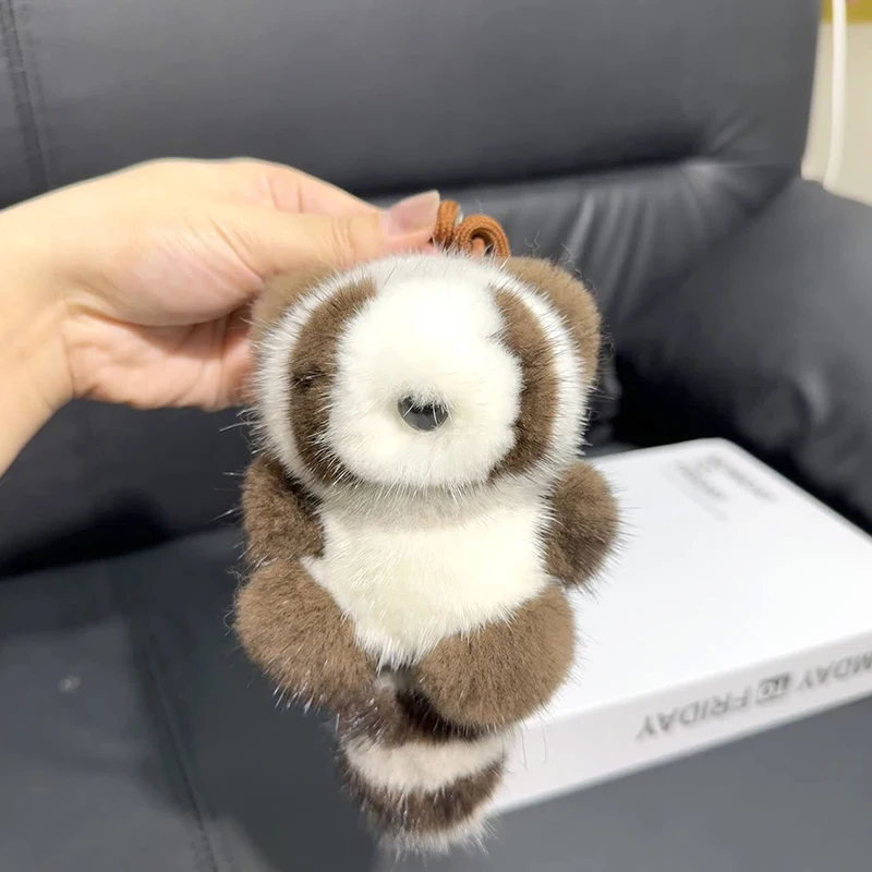 Genuine Mink Fur Red Panda Keychain Charm Cute Soft Plush Toy Key Ring Backpack Car Key Couple Keychain Fluffy Fur Keychain