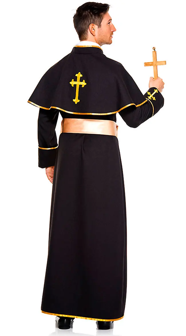 Preto clássico sacerdote traje purim dia das bruxas adultos homem papa robe padrinho missionário masquerade festa cosplay roupas