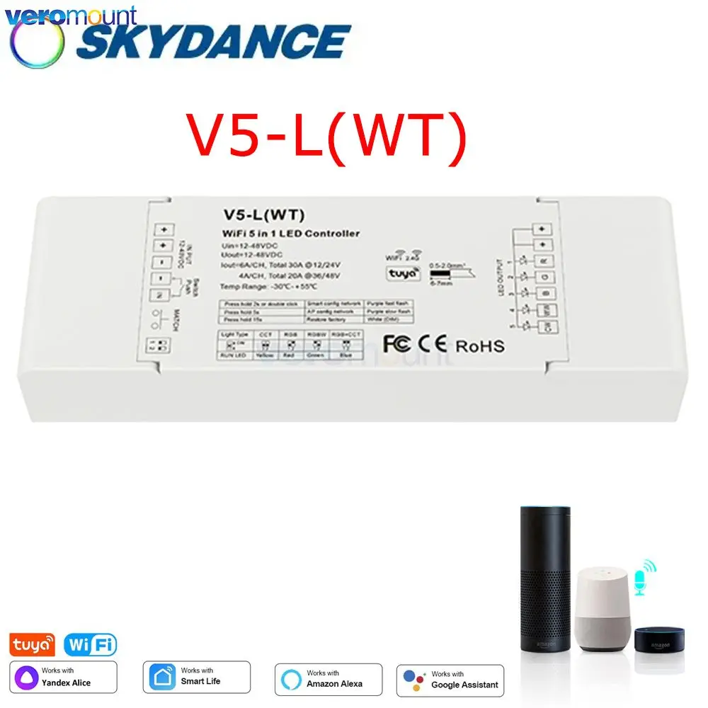 Tuya RGB CCT RGBWW RGBCCT WiFi & RF 5 in 1 LED Strip Controller Dimmer Smart Life App Voice Controller 12-48VDC 5CH*6A V5-L(WT)