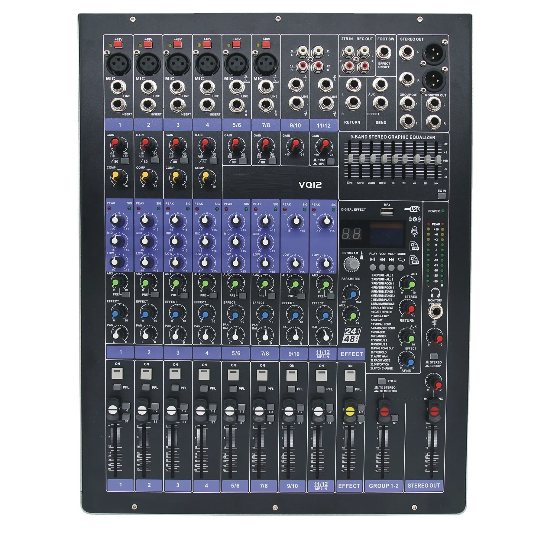 

professional 12-channel audio mixer reverb stereo system mixing console system for dj stage wedding performance vq12