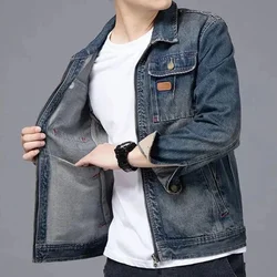 Male Jean Coats Biker Zip V Blue Autumn Pocket Men's Denim Jacket Motorcycle Vintage Aesthetic Casual Joker Outwear Japanese Y2k