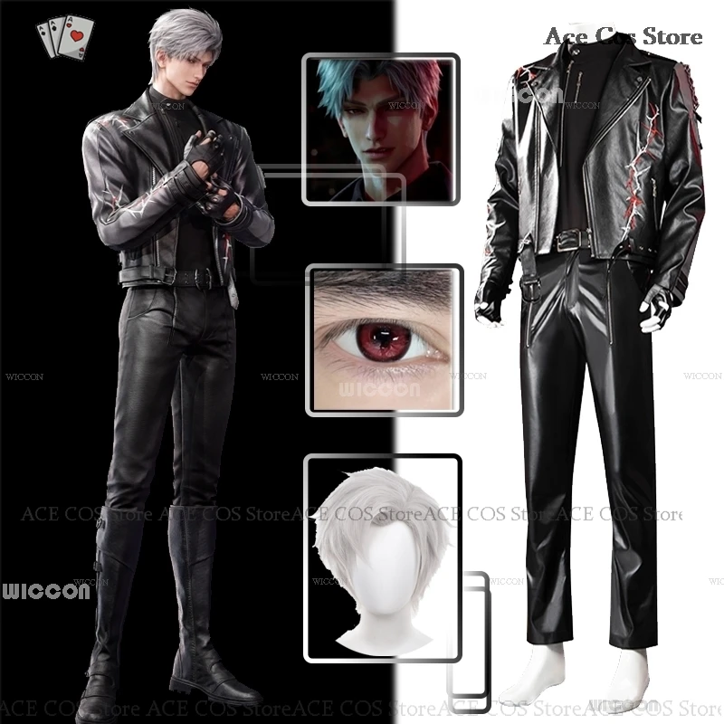 Love and Deepspace Sylus Cosplay Costume parrucca occhi Anime Game Black Lather abbigliamento giacca pantaloni Suit Halloween Party Men Cosplay