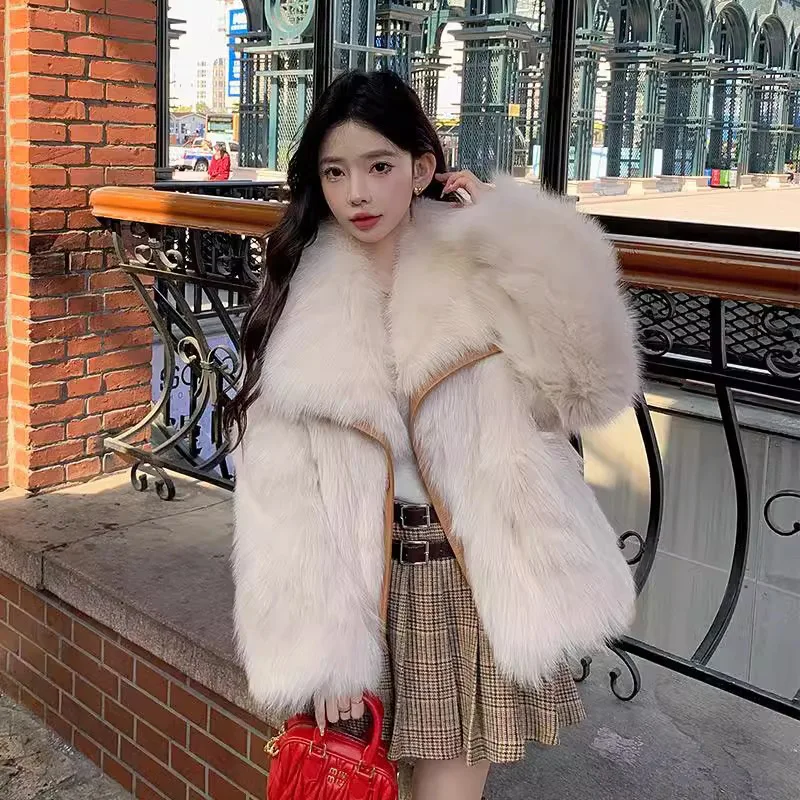 معطف فرو صناعي للنساء سترة فرو متينة كبيرة بياقة مقلوبة وأكمام طويلة وزر مغطى فضفاض غير رسمي للمكتب للسيدات لخريف وشتاء 2025 #4