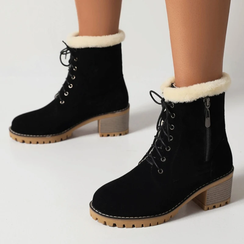 

Women's Ankle Boots Winter Warm Fur Snow Boot Shoes Lace-up Low Heels Black Brown Party Footwear Shoes Large Size Comfortable