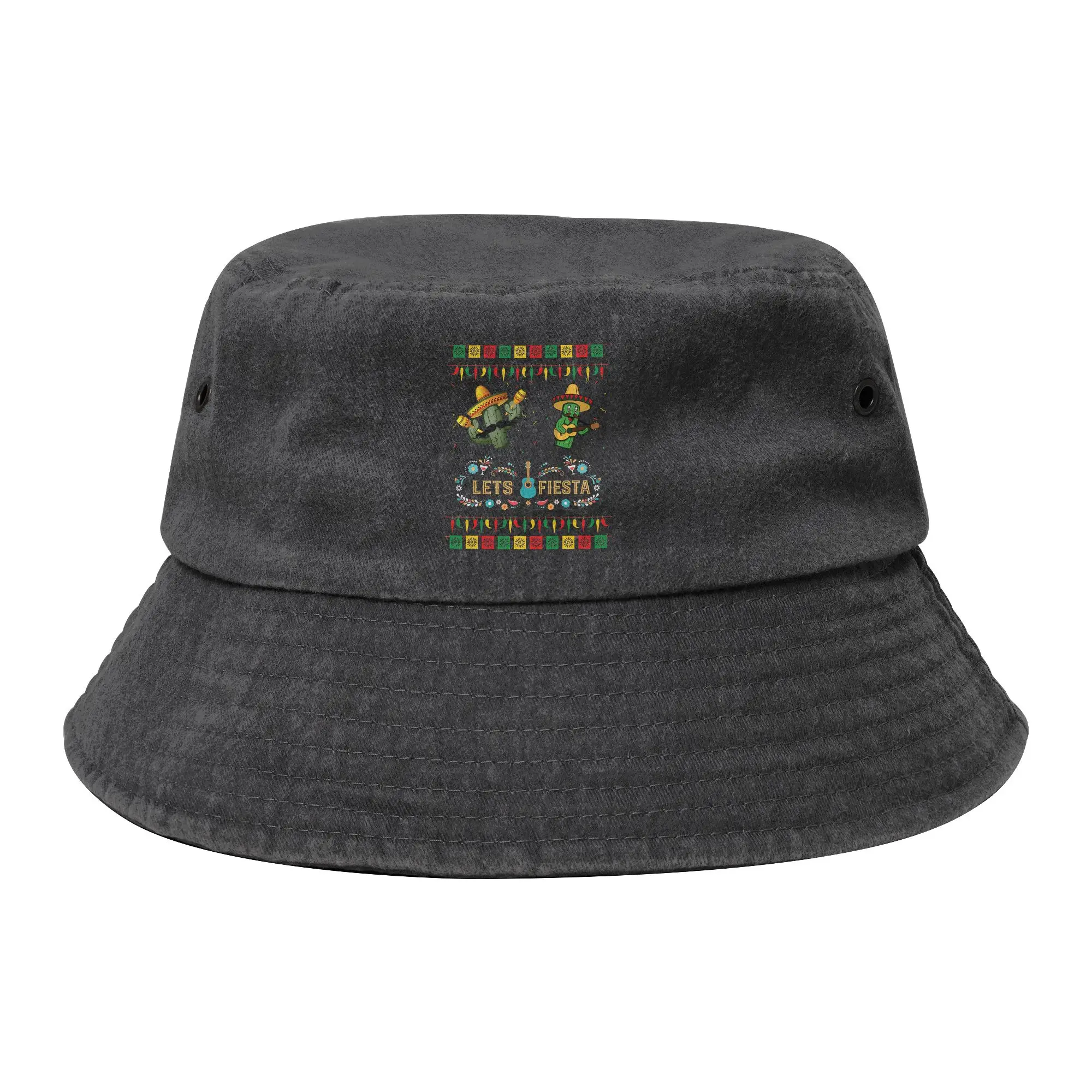 Unisex Distressed Cotton Bucket Hat Lets Fiesta Mexican Cinco De Mayo Summer Beach Outdoor Fishing Cap Session Hats Gifts Idea
