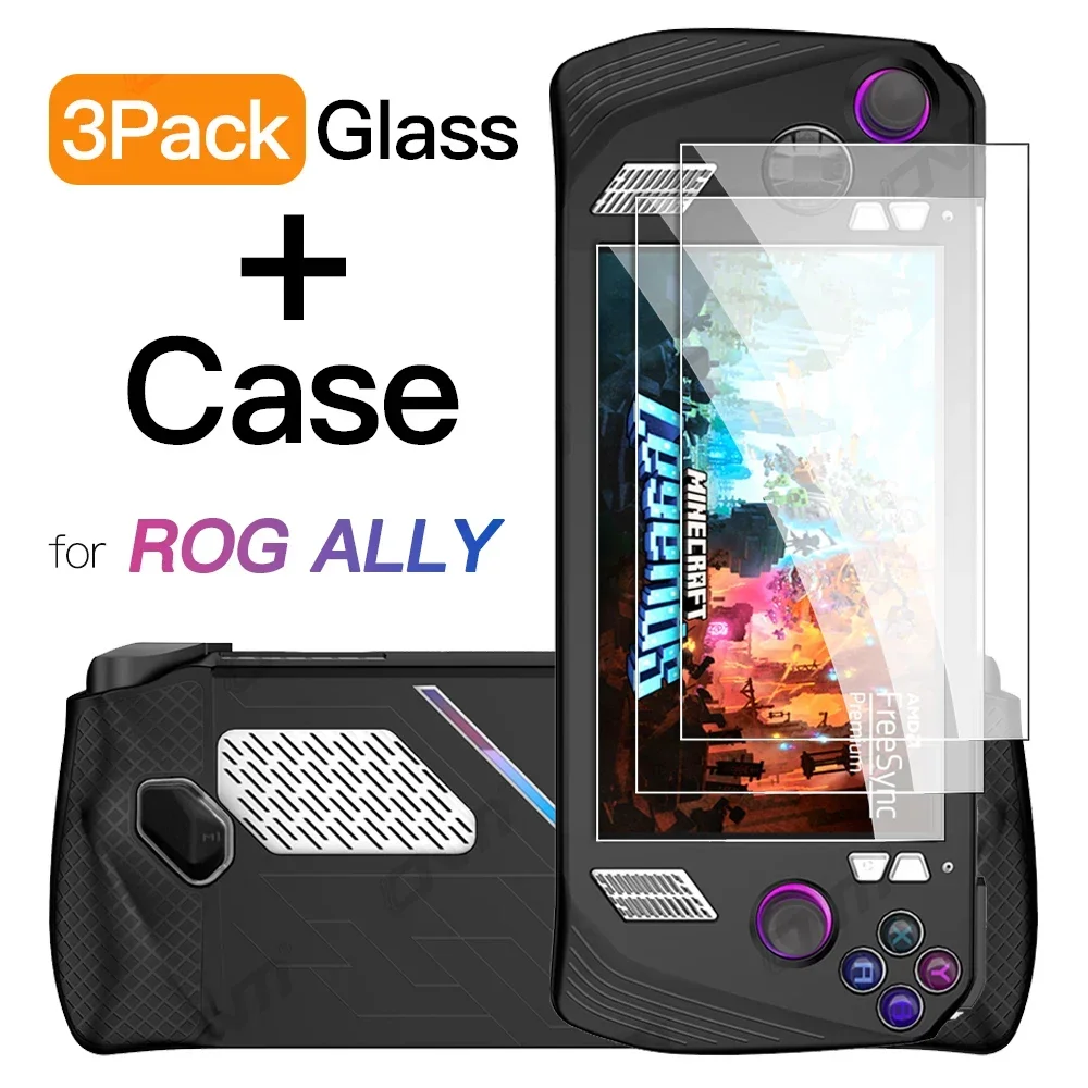 3 Pack Tempered Glass + Console Silicone Protective Case for Asus ROG ALLY Anti-Scratch Protector Shell Sleeve Game Accessories