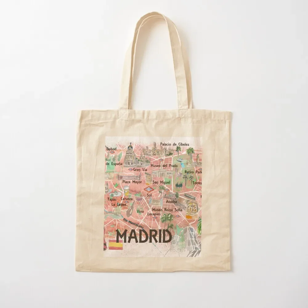 

Madrid Spain Illustrated Travel Map with Roads Landmarks and Tourist Highlights Tote Bag canvas tote bags handbag Tote Bag