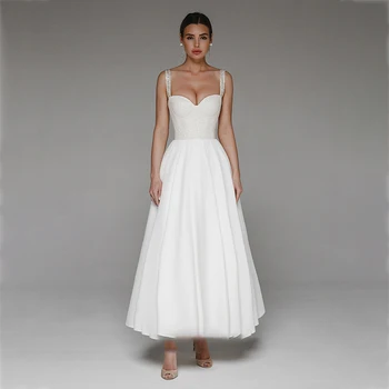 Furtanseo 2023 Civil Party Wedding Dresses For Women A Line Spaghetti Straps Lace Up White Ankle Length Bride Gowns Plus Size