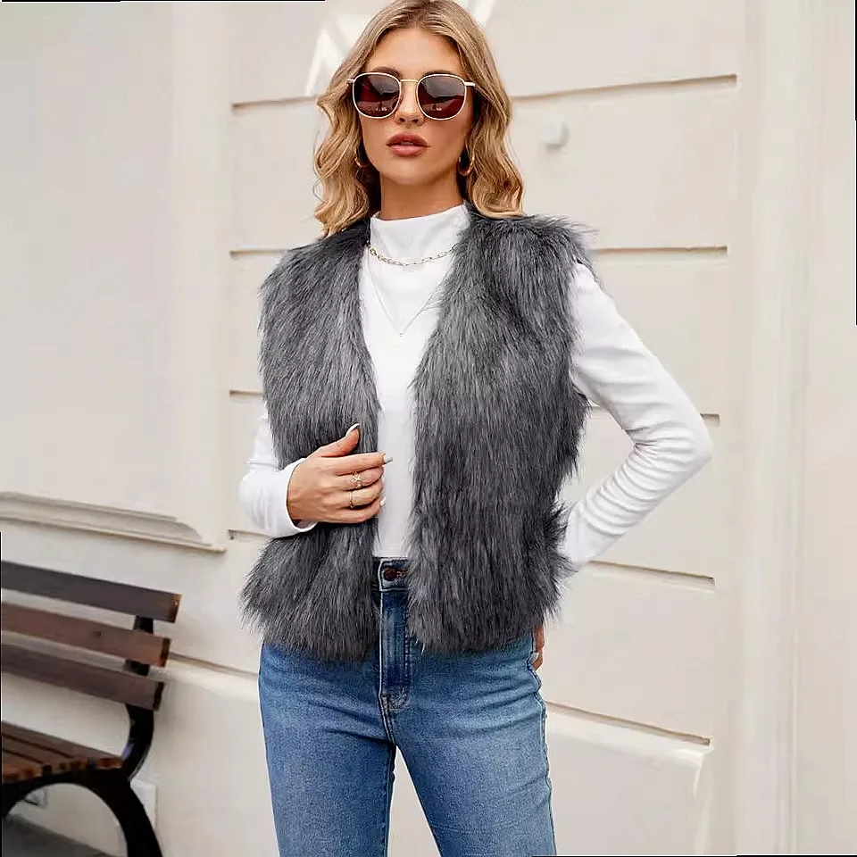 Women V Neck Short Faux Fur Vest Tops Casual Outerwear Fur Vest