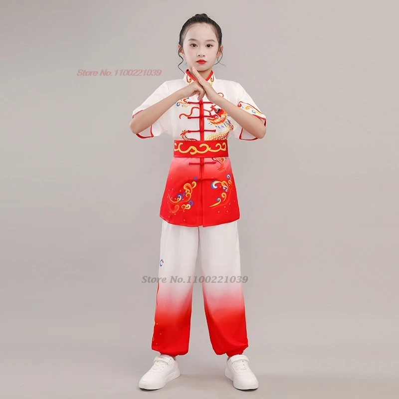 2025 chinese vintage wushu kung fu set children dragon print wushu kung fu clothing oriental martial arts training exercise suit