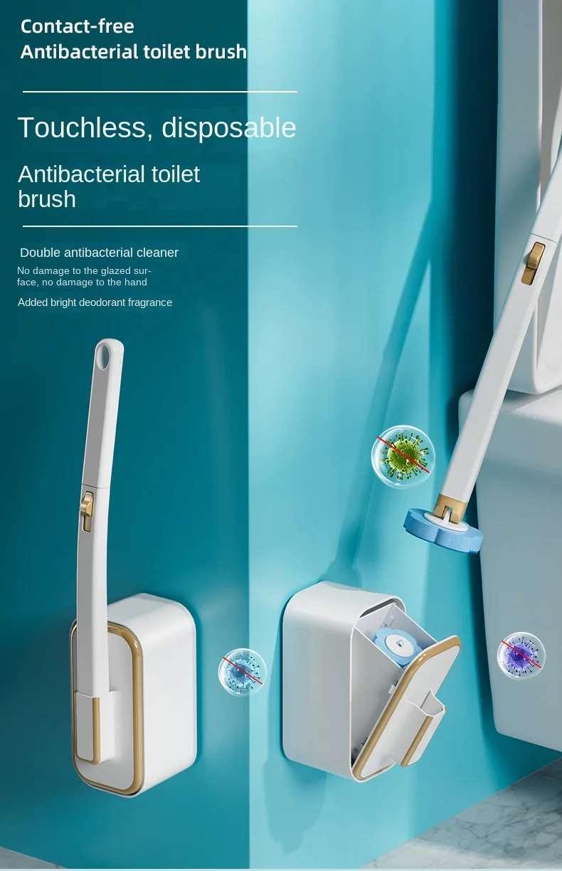 1 Set Wandmontierter Einweg-Toilettenbürste mit langem Griff, inklusive integrierter antibakterieller Reinigungsflüssigkeit und Ersatzbürstenköpfen, für eine gründliche und hygienische Reinigung ohne schwer zugängliche Stellen. – Detail 1