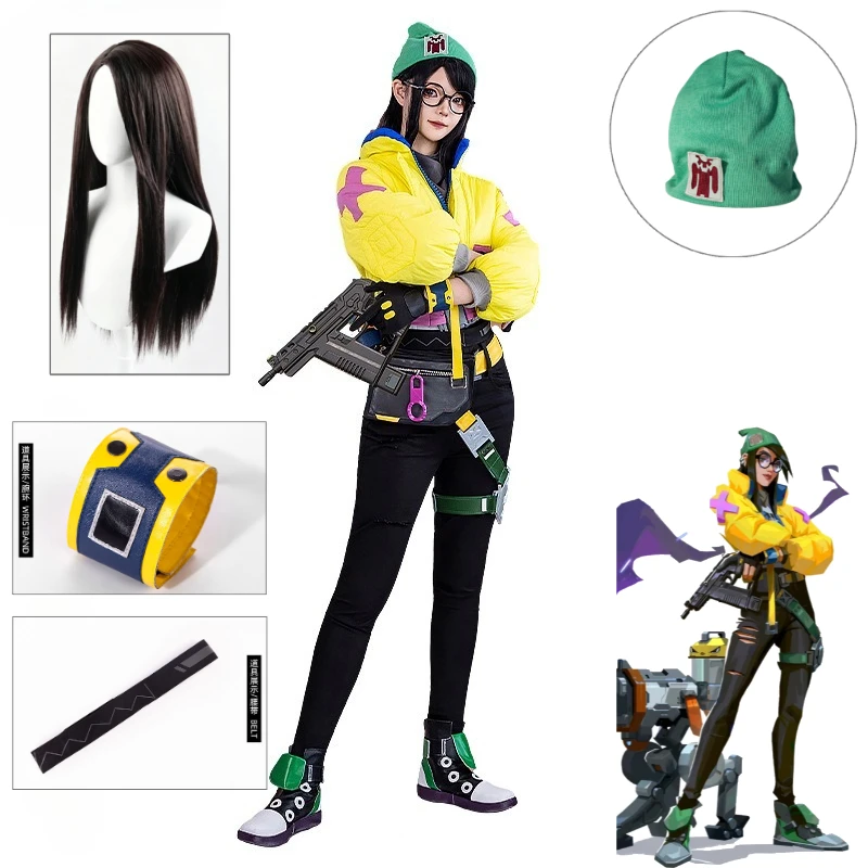 Disfraz de Valorant Killjoy, conjunto completo, chaqueta amarilla Techwear, pantalones cargo, cinturón, gafas para mujer, Halloween