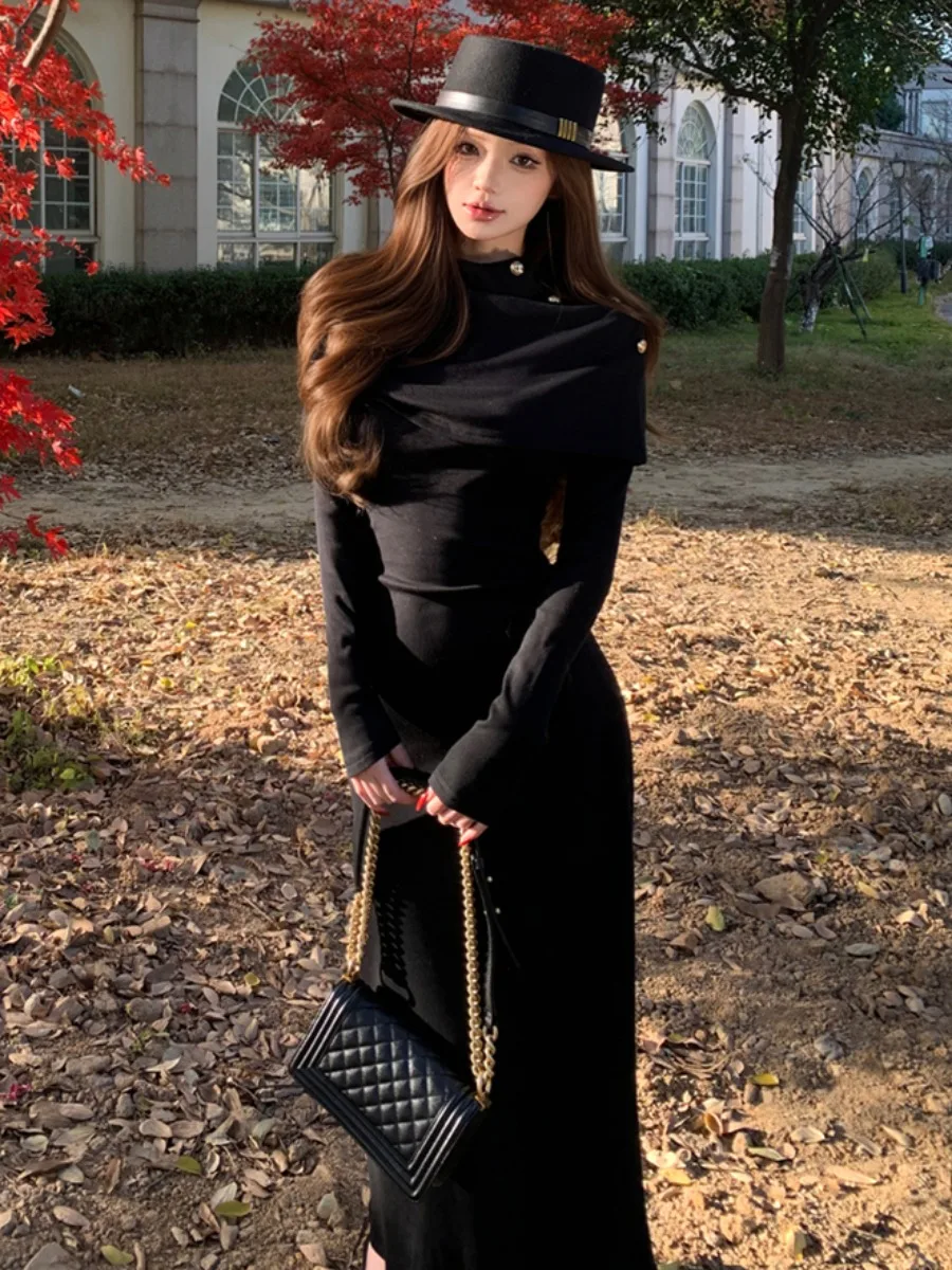 

Autumn Winter Sexy Ele Knitted Long Dr Women's Slim Fit High Waist Belted oulder Wrap Dr Ci Commute Suitable