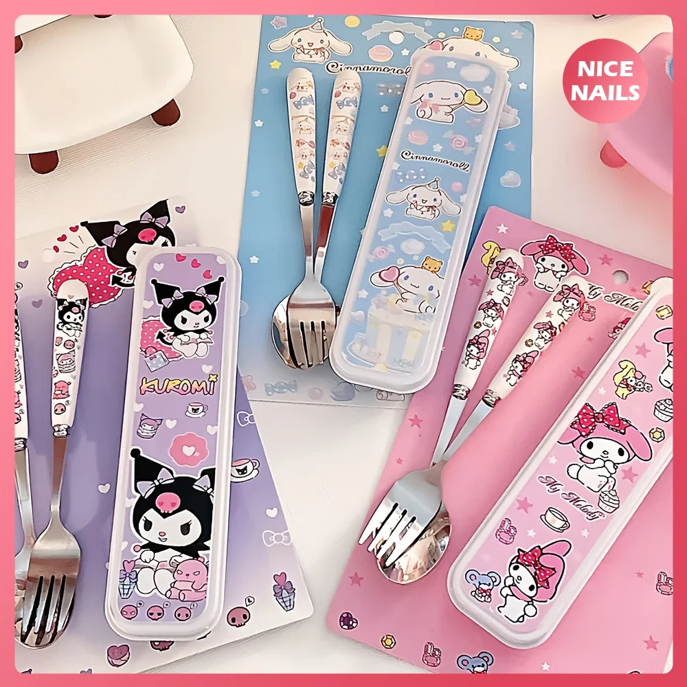 Sanrios Scoop Fork Chopstick Cutlery Set Mymelody Kuromi Portable Travel Children Outdoor Camping Stainless Steel Tableware Hot