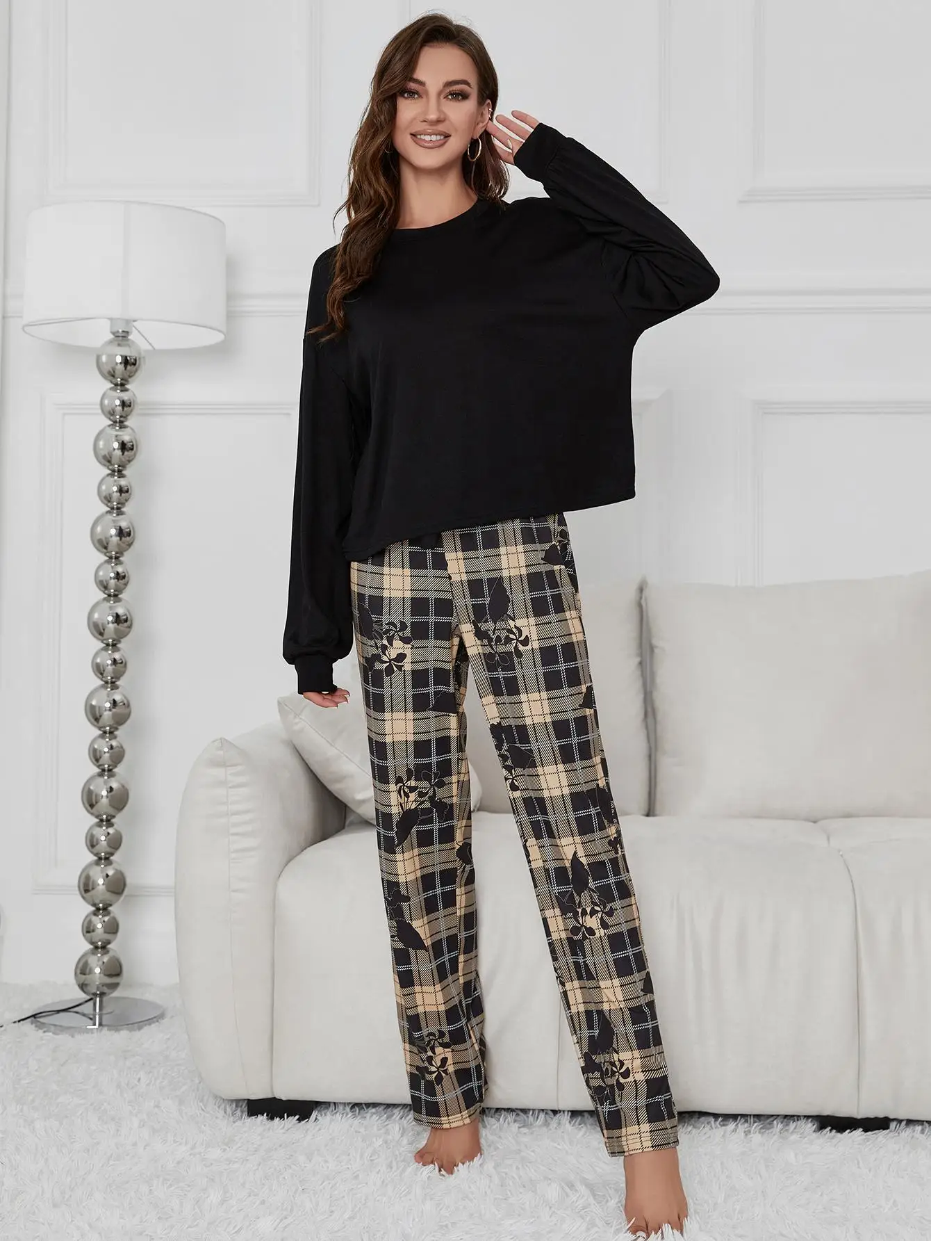 Women Pajama Set Solid Long Sleeve Top & Full-Length Plaid Pants Panda Print 2 Pieces Sleepwear Female Nightwear Homwear Cloth