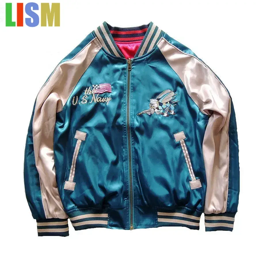 

LISM Harajuku Lovers Bees Embroidery Reversible Jacket Faux Silk Baseball Satin Bomber Jacket Spring Double-sided Streetwear