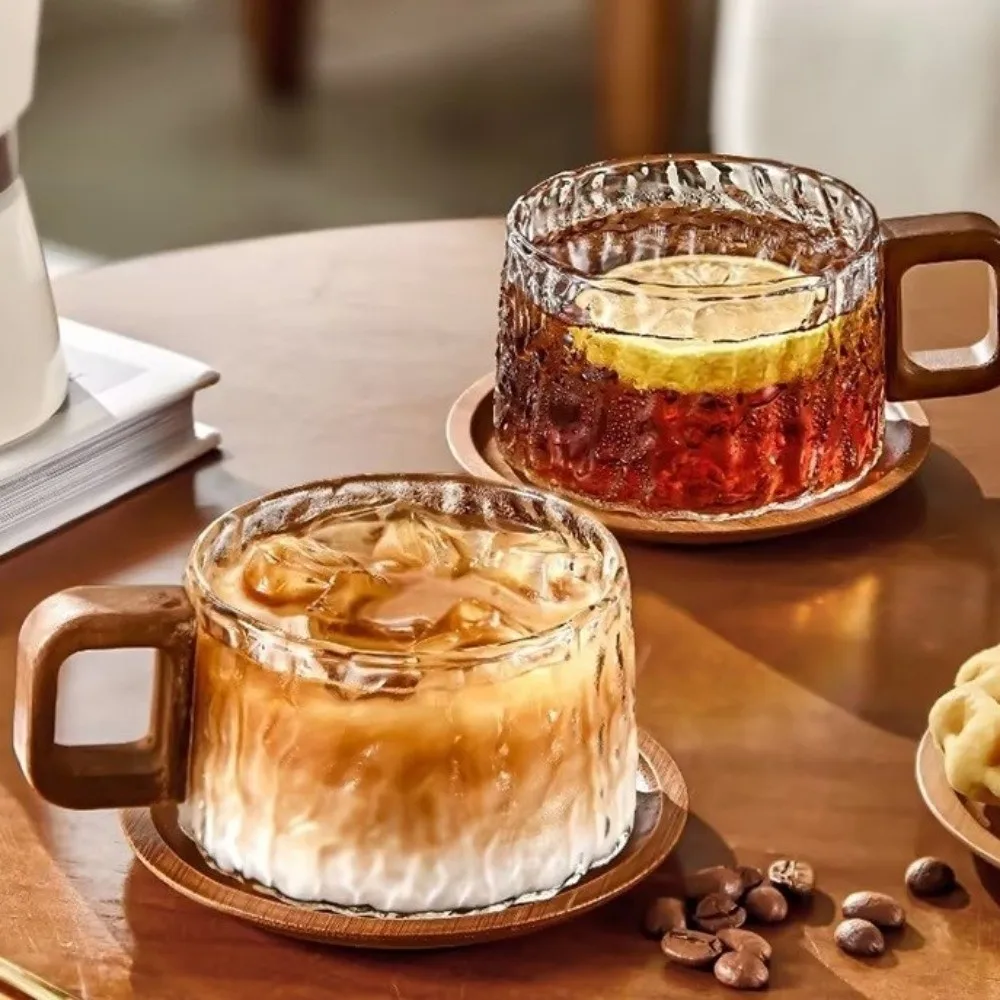 Glacier Pattern Glass Tea Cups Wooden Handle Luxury Coffee Cups High Temperature Resistant Milk Juice Cups Self Driving Trip