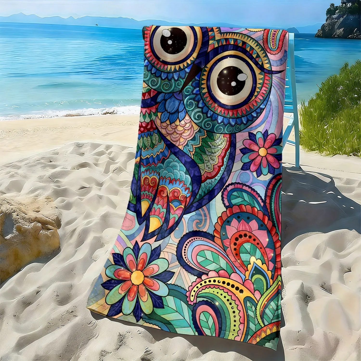 

Cartoon-colored owl with floral pattern polyester microfiber beach towel is highly absorbent, suitable swimming beach outings