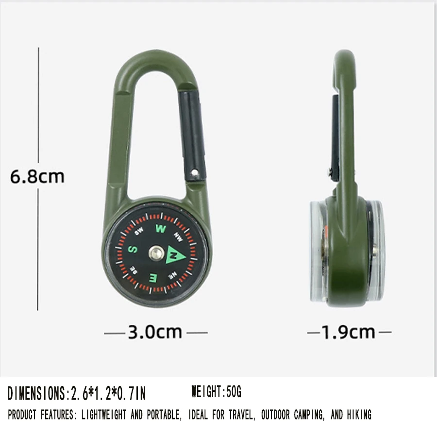 1 Pc Compass Thermometer Carabiner 3 in 1 Mini Compass Carabiner Clip Outdoor Hiking Survival Key Ring Double Sided Metal