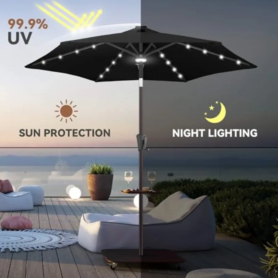 Solar Umbrella Outdoor - Lighted Solar Patio Umbrella with 24 LED Lights Waterprool UV Protection Table Umbrella with Tilt for