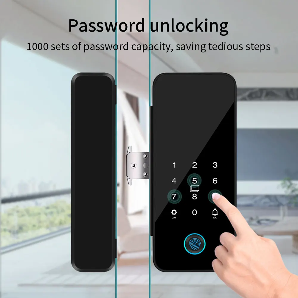 Tuya APP Glass Door Fingerprint Lock Bluetooth Smart Biometric Electronic Office Glass Door Lock 13.56Mhz RFID IC Keyless Unlock