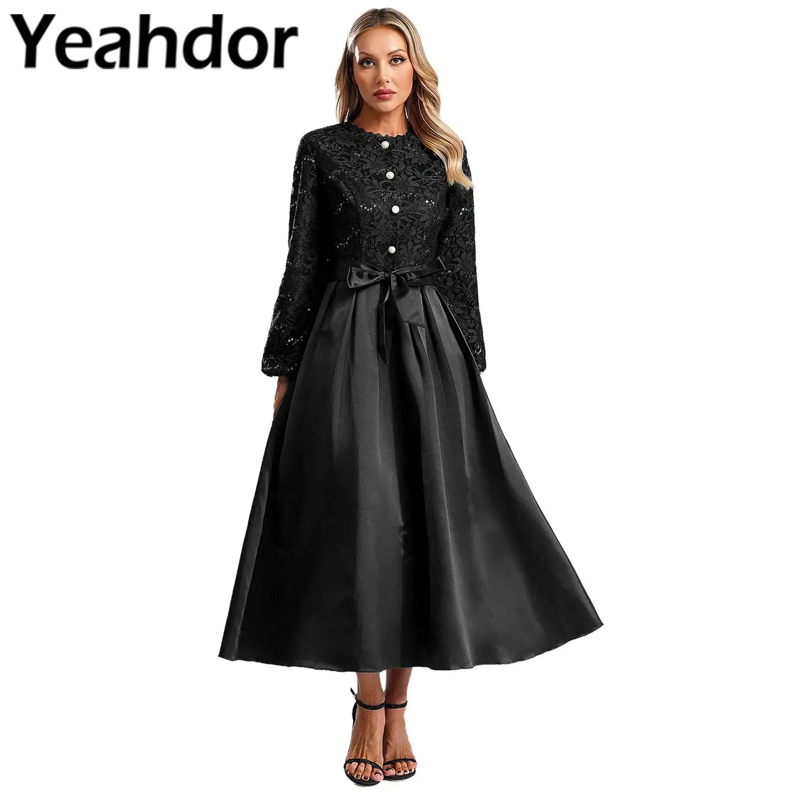 Women Elegant Dress Retro Vintage Long Sleeve Mid-length Dress for Party Daily Wear Formal Occasions Evening Vestidos De Festa