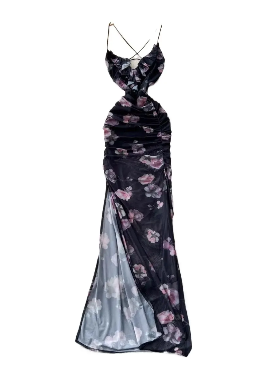 Foamlina 꽃 메쉬 v 넥 프릴 홀터 드레스 여성 여름 프랑스 휴가 Boho 스플 라이스 허리 미디 드레스 해변 해변