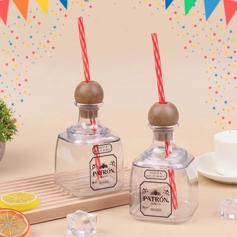 

2025 New 375ml Mini Tequila Bottles Acrylic Reusable Cups With Straw Hole Small Patron Bottles Empty For Drinking Gift