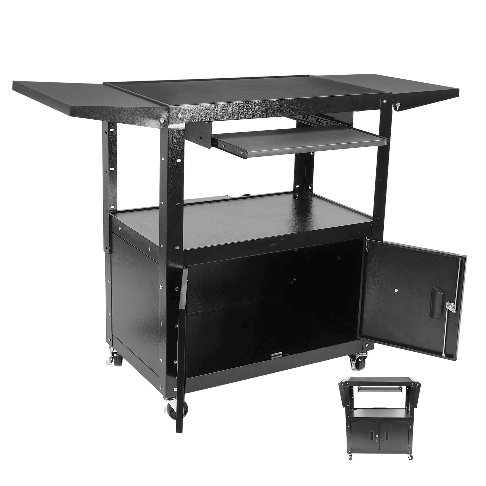 

Большая тележка для AV-оборудования с запирающимся шкафом, регулируемая по высоте, с выдвижной полкой для клавиатуры и системой организации кабелей для офиса