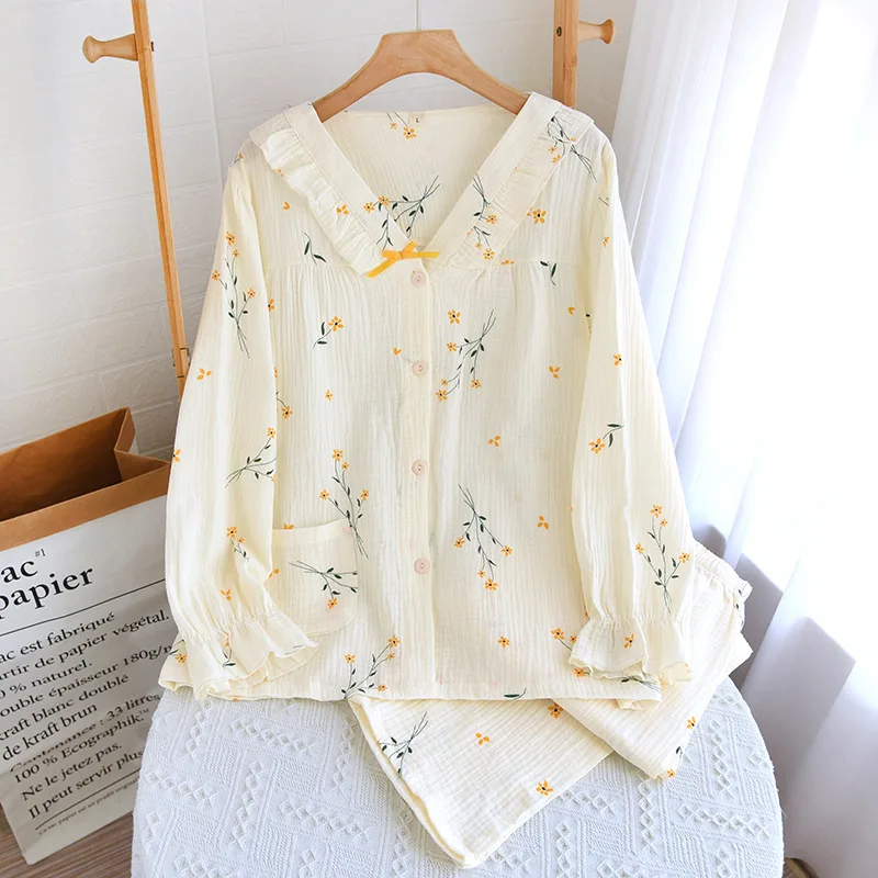 2025 Spring and Autumn New Women's Long sleeved Pants Pajama Set 100% Cotton Crepe Fragmented Flower Home Suit Two Piece Set