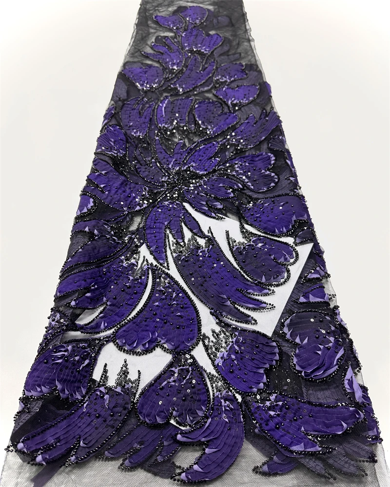 5ヤードの豪華でエレガントな手作り刺繍スパンコールビーズ付きレース、高品質のアフリカのスパンコールレース生地、ウェディング縫製用