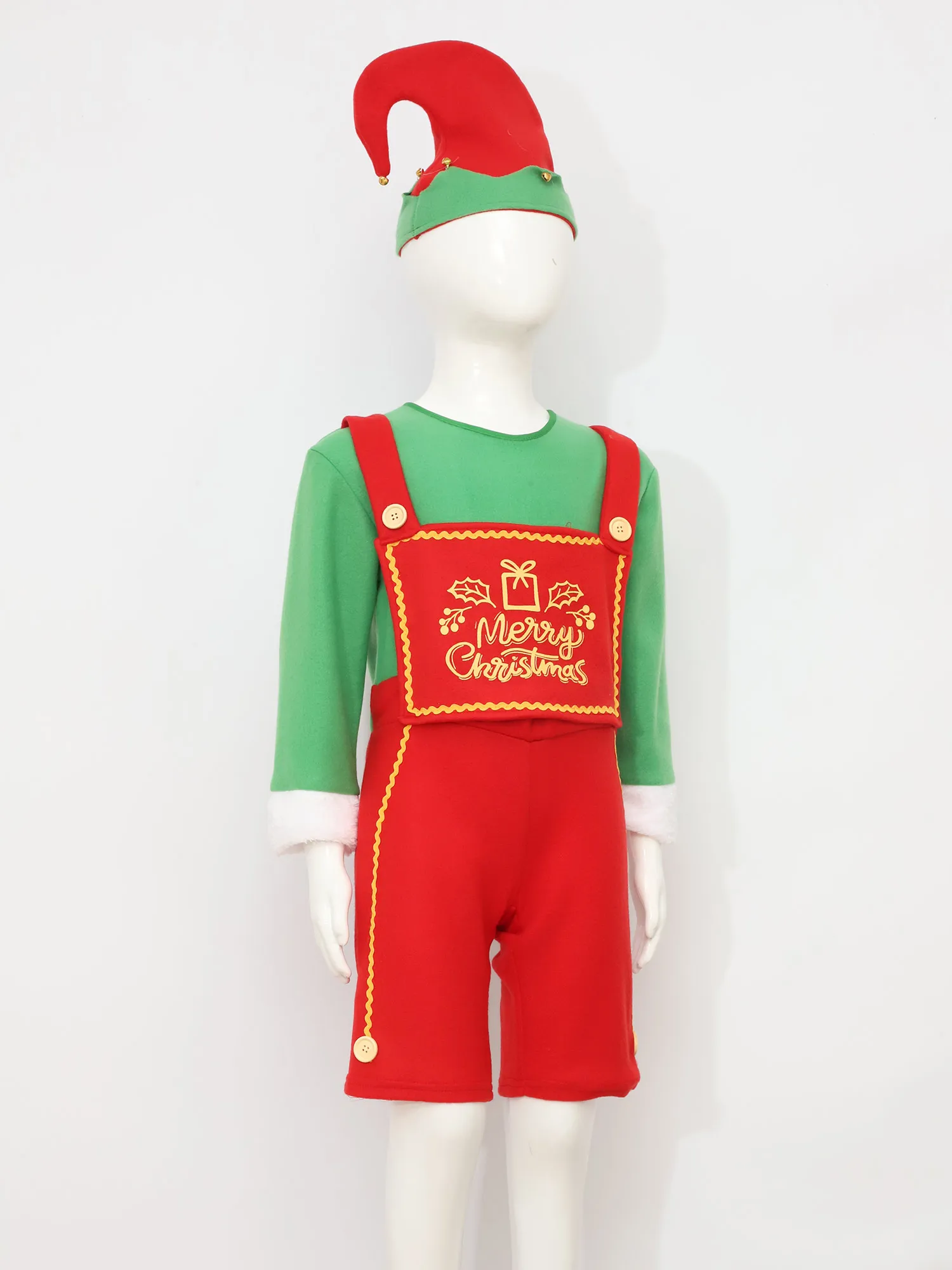 Jungen Weihnachtself Cosplay Kostüm Weihnachtsmann Set Hosenträger Body mit Strümpfen Jingle Bells Hut Schuhe Set Partys Outfits