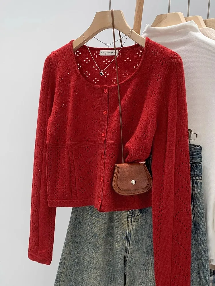 

Красный Гонконгский вязаный открытый кардиган в стиле ретро, женская тонкая верхняя одежда ранней осени, тонкий топ