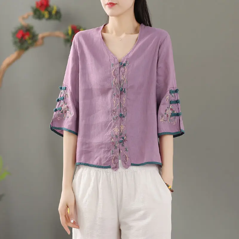 Retro Ethnic Style Patch Embroidery 3/4 Sleeve Blouse Women 2025 Summer Loose Thin V-Neck Cardigan Top
