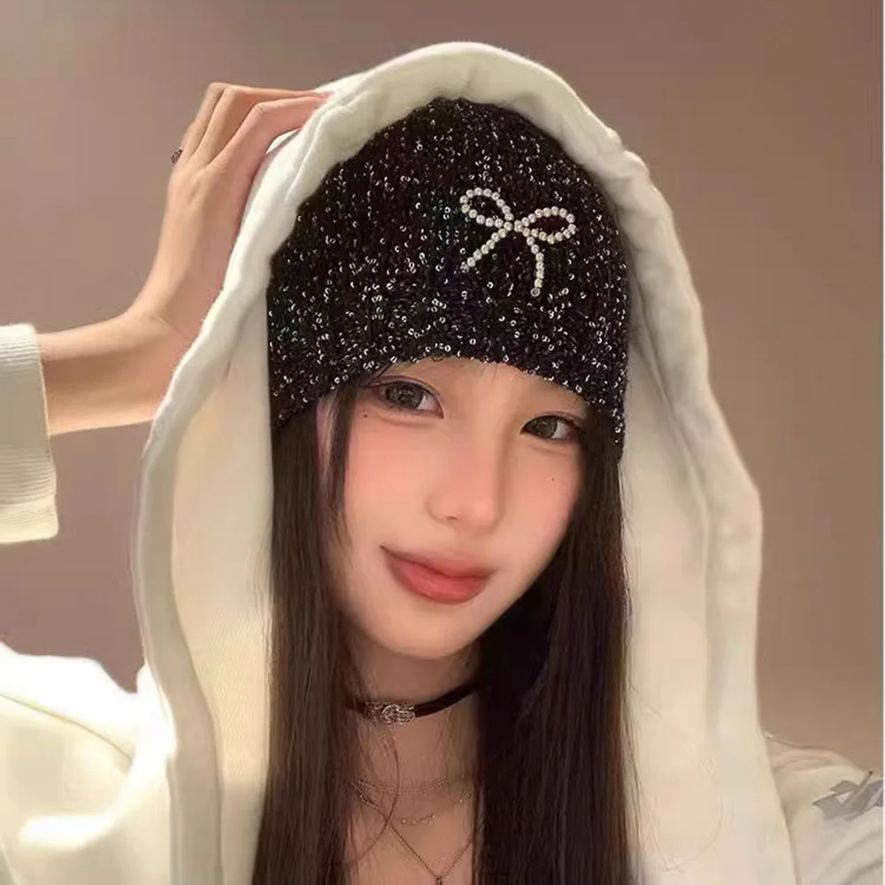 Sequins Black Knitted Hat for Women Pearl Bow Hip-Hop Street Pullover Hat Y2K Girls Beanies Hat Autumn Winter Ear Protection Hat