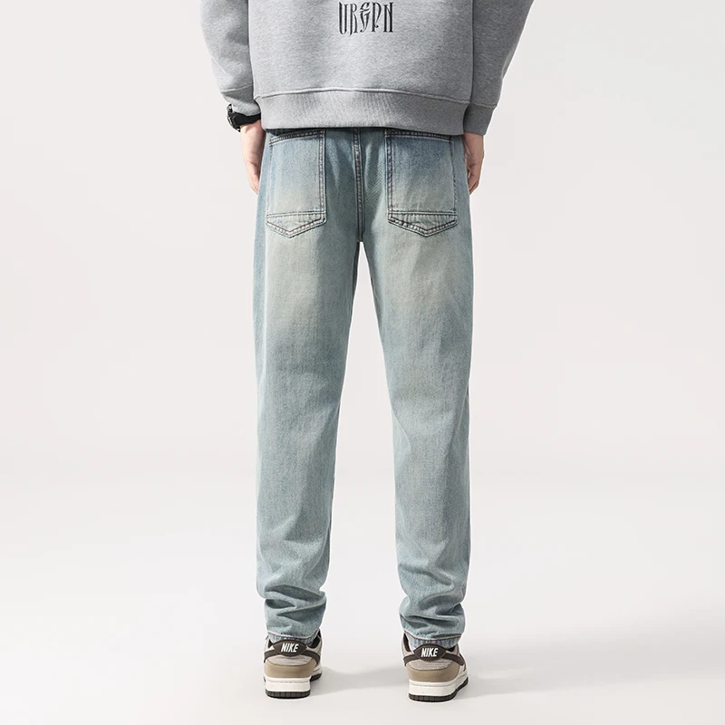 2025 outono masculino americano streetwear jeans-lavado azul solto perna reta angustiado calças jeans com rodinhas todas as estações