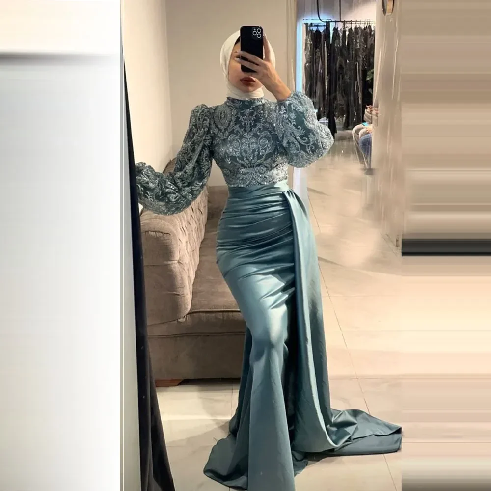 Elegant Muslim Evening Dresses Long Sleeve Mermaid High Neck Lace Appliques Party Satin New Customized 2025 Formal Mother Dress