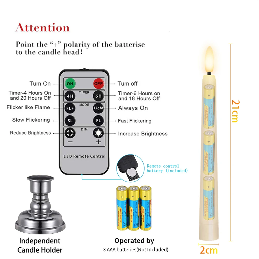 LED Taper Candles With Candlestick Timer Remote 3D Flicker Party Wedding Home Decoration Battery Operated Table Flameless Candle