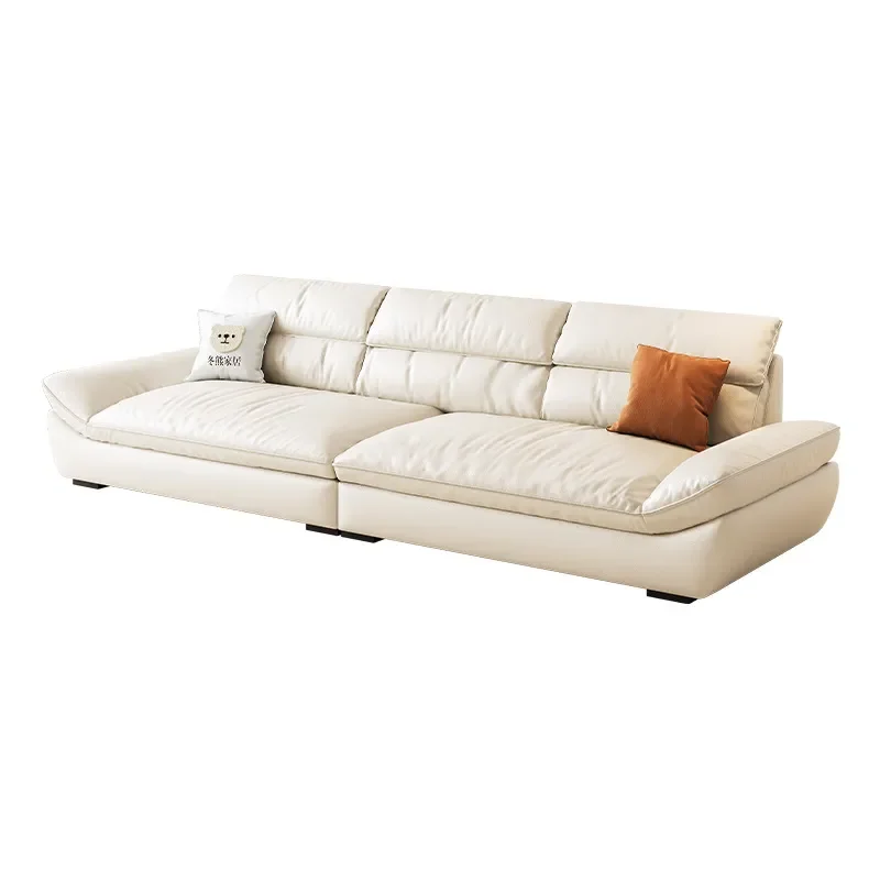 Cream French Style Leather Sofa Deep Seat Wide Living Room Furniture Modern Light Luxury Straight Couch for Small Apartment