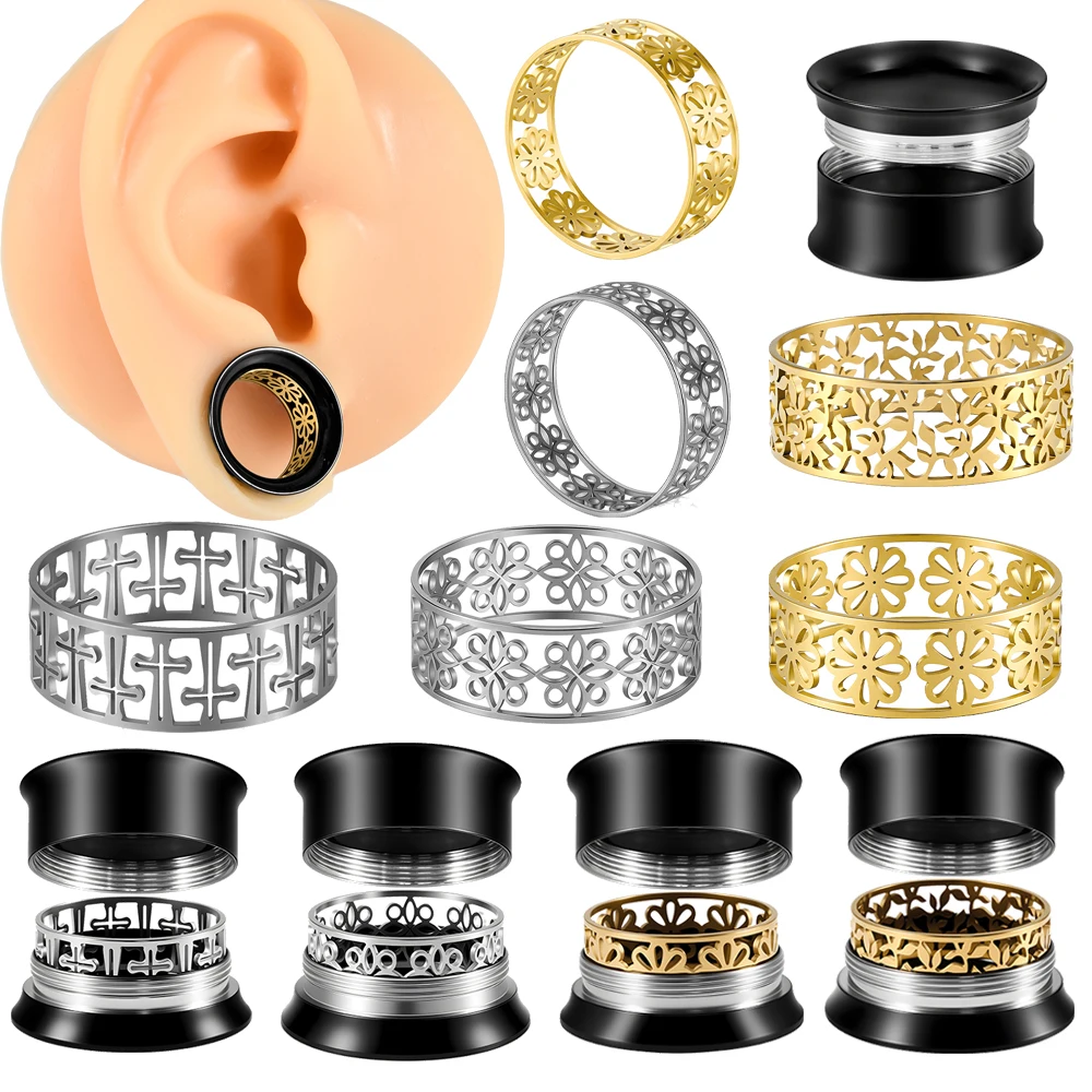 Stainless Steel Hollow-out Ear Gauges Window Flowers Cross Ear Tunnels Accessory Ear Expander Stretchets Double Flared Piercing