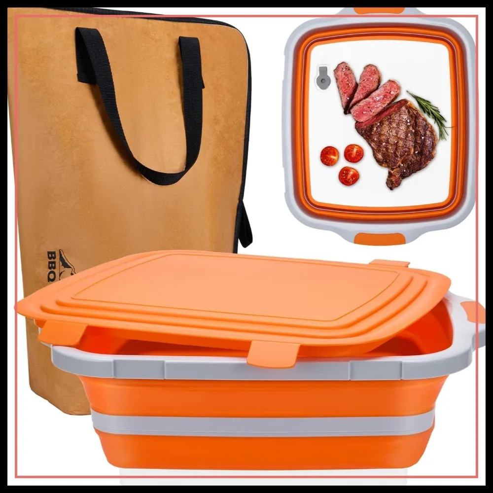 

Collapsible BBQ Prep Tub with Cutting Board & Resting Bag, 3in1 Portable Smoking Blanket for Meat