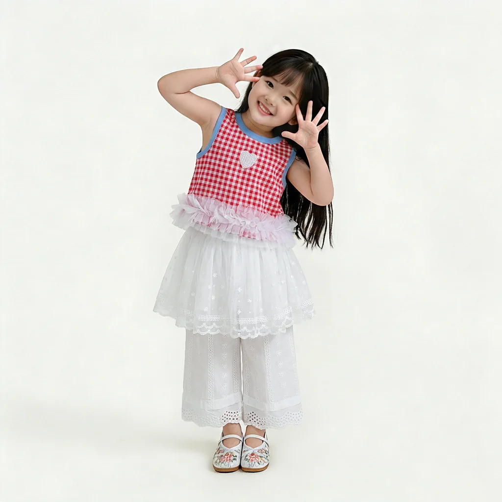 

Летний новый комплект для девочек 2026: топ без рукавов в клетку и широкие брюки из кружевной сетки, комплект из двух предметов