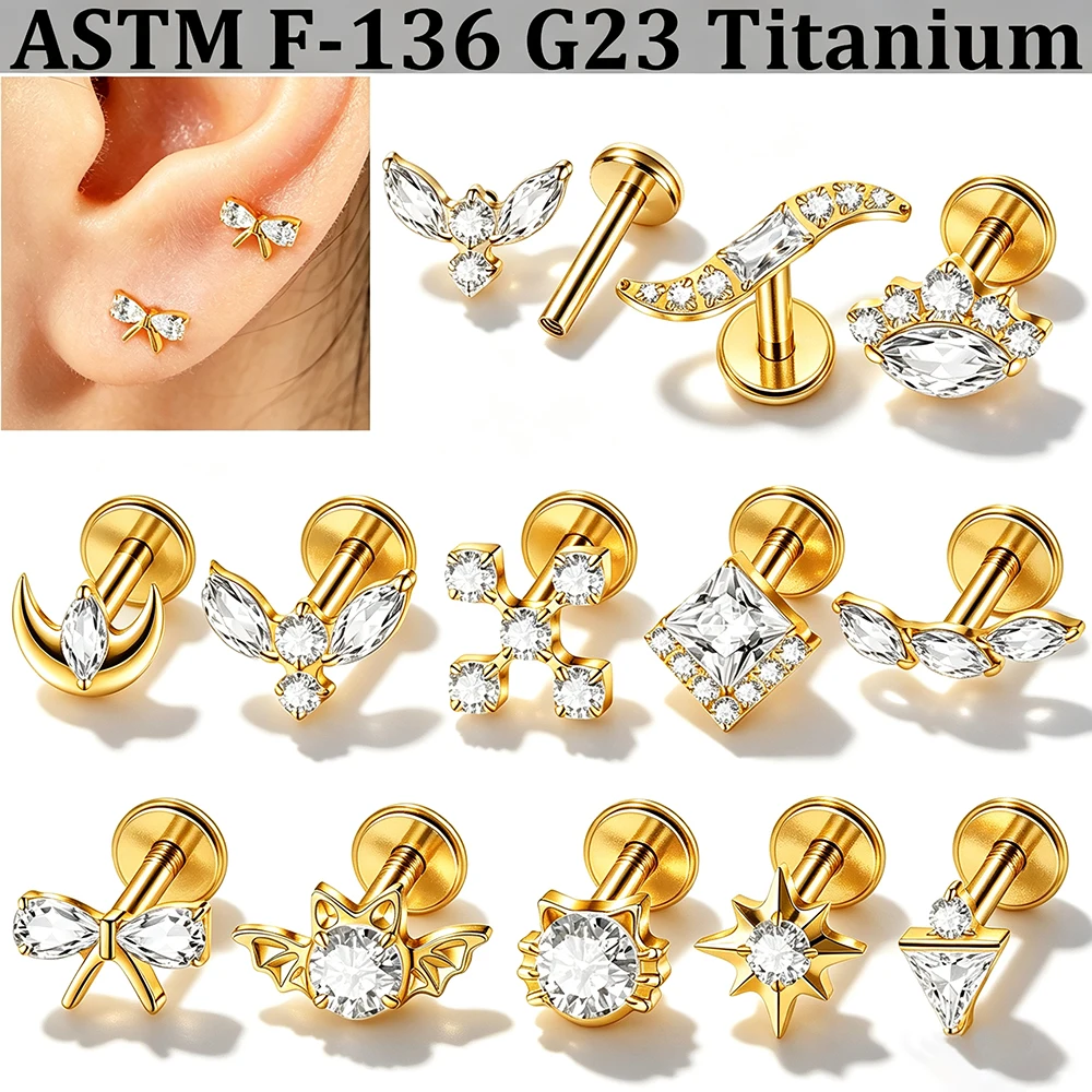 1 Stück 18K vergoldeter, gebogener Mond-Ohrstecker aus G23-Implantat-Titan mit Innengewinde für Ohrknorpel, Tragus, Helix.