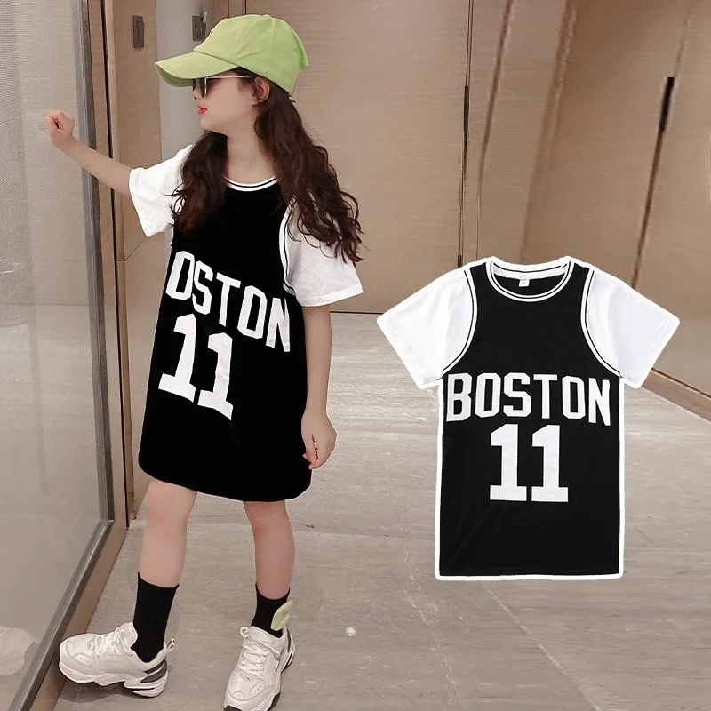 

Summer Girls Cotton Contrast Patchwork Alphabet Long T-Shirt Dress School Kids Tracksuit Sports Skirt Children Outfit Top 5-16Yr