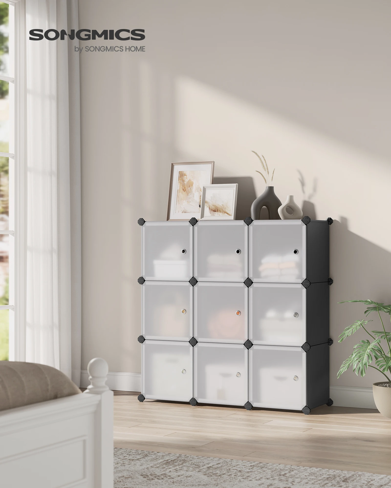 SONGMICS 9-Cube Storage Organiser Unit, Plastic Closet with Doors, Modular Cabinet for Clothes, Shoes, Toys, Books