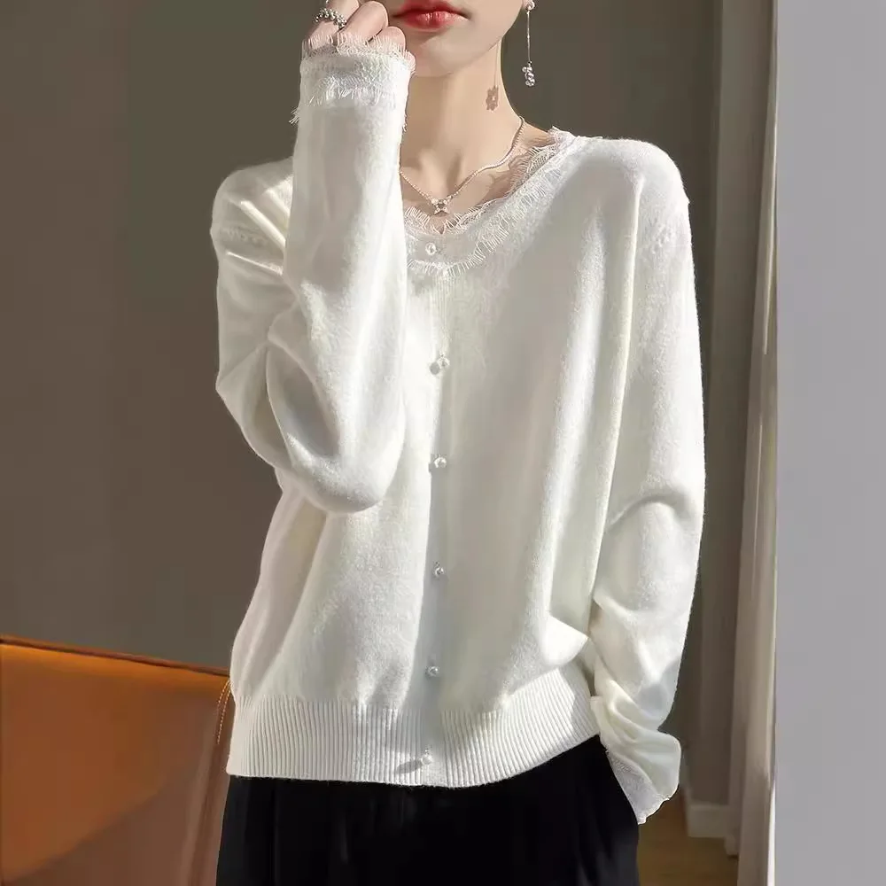 Xiaoxiangfeng V-neck Lace Thin Sweater Low-neck White Loose Sweater Top Versatile