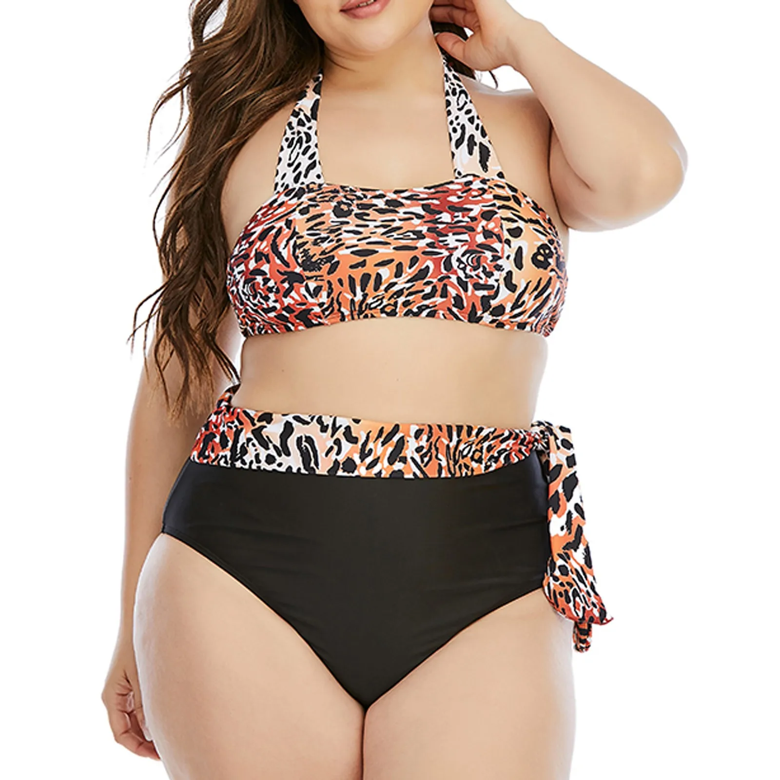 Vrouwen Grote Maat Badpak Tweedelige Luipaard Print Bikini Badmode Trendy Halter Hals Veteraan Badpak Trajes De Bano Mujer