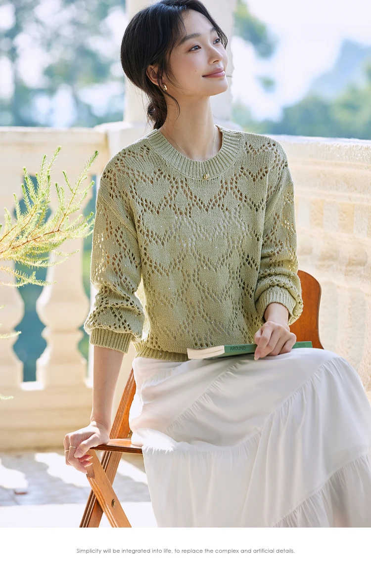 VIMLY Hollow Out Knitted Sweater Women 2025 Elegant Knitwear Women's Knit Tops 2025 Spring Autumn Soft Pullover Jumpers 73803
