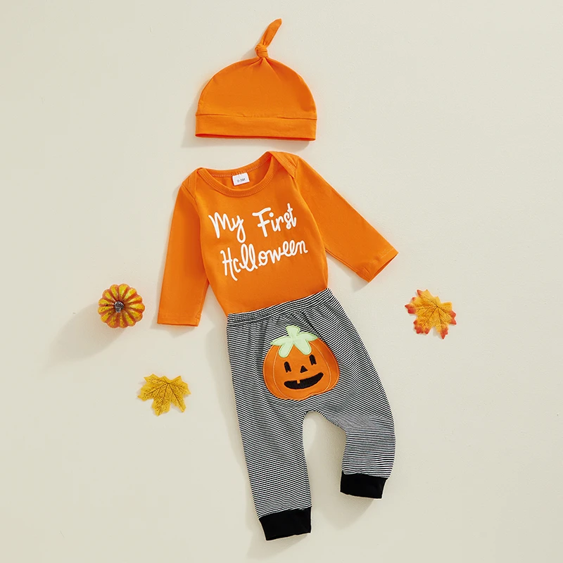 SXYPAYXS-3PCS Baby Boys Halloween Outfits Long Sleeve Letter Print Romper Pumpkin Embroidery Pants Hat Sets Baby Clothes